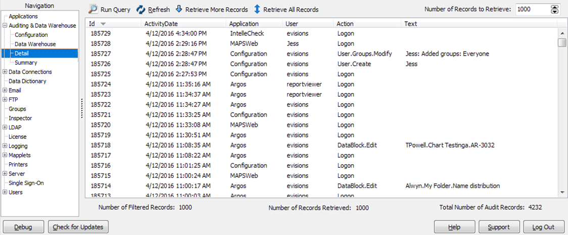 The Detail pane under Auditing & Data Warehouse lists every auditing record, including its numerical ID, the activity date, the name of the application and user, the action performed, and any text relating to that action.  For example, the user "evisions" performed the action User.Create from the Configuration application, and the associated text is the name of the new user "Jess".